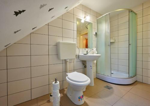 La salle de bains est pourvue de toilettes et d'un lavabo. dans l'établissement Tusnad Camping, à Băile Tuşnad