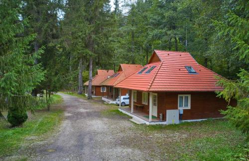 a row of cottages with red roofs in a forest at Tusnad Camping in Băile Tuşnad