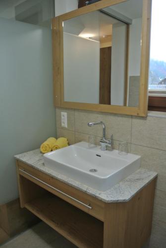 La salle de bains est pourvue d'un lavabo blanc et d'un miroir. dans l'établissement Haus Fischer Nassfeldblick, à Kirchbach