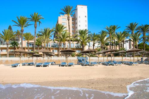a beach with chairs and umbrellas and palm trees at Playadulce in Aguadulce