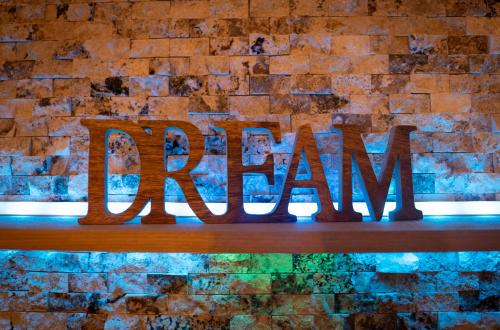 a sign that says dream in front of a brick wall at LE LOFT A BULLES (85m2 Jacuzzi Hammam Billiard Bar Douche Sauna) in Strasbourg