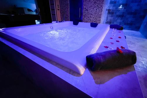 a bath tub with a purple lighting in a bathroom at LE LOFT A BULLES (85m2 Jacuzzi Hammam Billiard Bar Douche Sauna) in Strasbourg