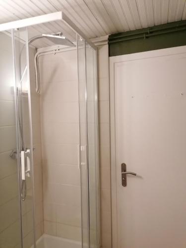 une douche avec une porte vitrée dans une salle de bain dans l'établissement Esprit Mer classé - Wifi - Centre, à Auray