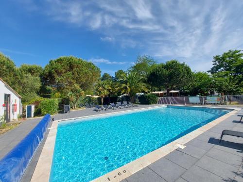 uma grande piscina com cadeiras e árvores em Camping 3 étoiles Les Fougères em Rivedoux-Plage