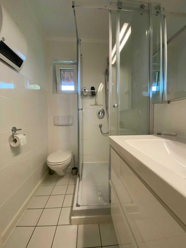ein Bad mit einer Dusche, einem WC und einem Waschbecken in der Unterkunft PiPPA in List
