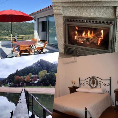 a fireplace and a bedroom with a bed and a table at Casa do Outeiro in Penacova