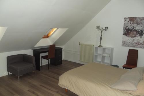 a bedroom with a bed and a desk and a chair at Le Domaine de JAUGY in Gièvres