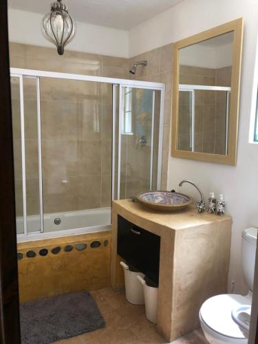 uma casa de banho com um lavatório, um chuveiro e um WC. em Fig Tree Cottage Close to Sea and Shops em Hout Bay