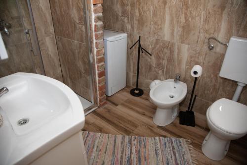 uma casa de banho com um lavatório branco e um WC. em Kuća za odmor Mećava em Mrkopalj