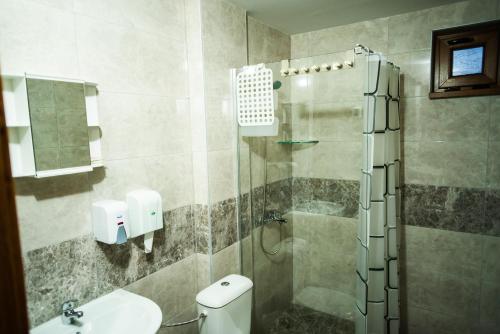 a bathroom with a shower and a toilet and a sink at Семеен Хотел Петров Хан in Poroishte