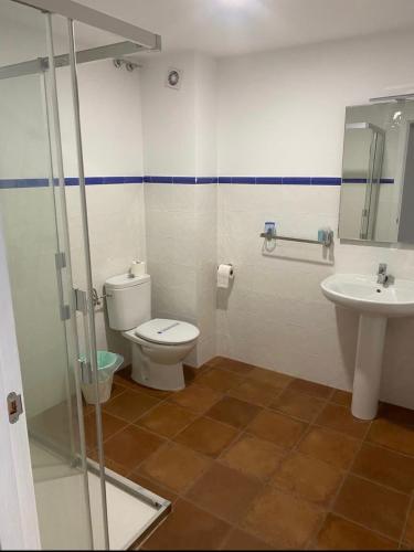 a bathroom with a toilet and a sink at Hostal Sara in Villafeliche