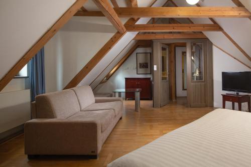 a attic room with a couch and a tv at Charles Bridge Rooms & Suites by SIVEK HOTELS in Prague
