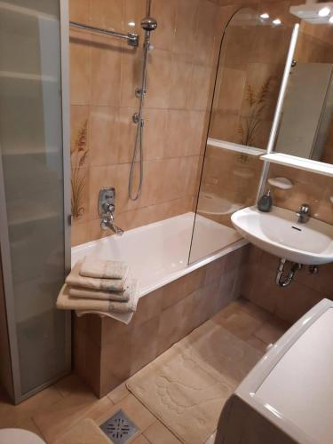 a bathroom with a shower and a tub and a sink at Appartamento Casa Montagna Lory in Pozza di Fassa