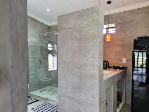 W łazience znajduje się prysznic ze szklanymi drzwiami. w obiekcie La Vista Farm Stay w mieście Ermelo