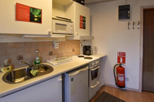 a kitchen with a sink and a microwave at Abisko Guesthouse & Activities in Abisko