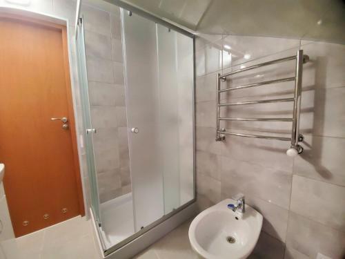 a bathroom with a shower and a toilet and a sink at Апартаменти "Ілона" в центрі Східниці in Skhidnitsa
