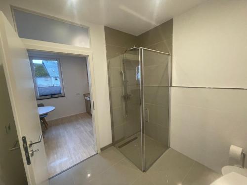 een badkamer met een douche en een glazen deur bij Apartment Zentral in Willingen