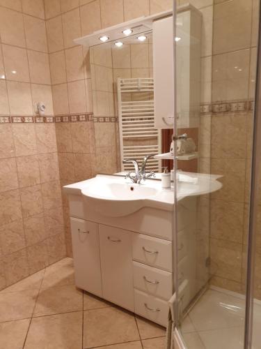 a bathroom with a sink and a shower at Beach Club Apartman in Mosonmagyaróvár
