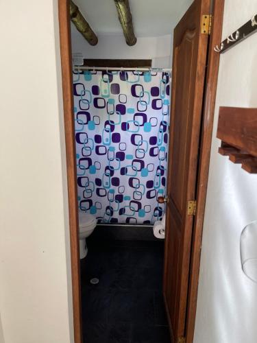 a bathroom with a toilet and a shower curtain at Apta villa de leyva in Villa de Leyva