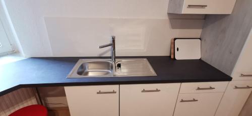 Una pequeña cocina con fregadero y refrigerador. en Modern living in a perfect location, en Essen