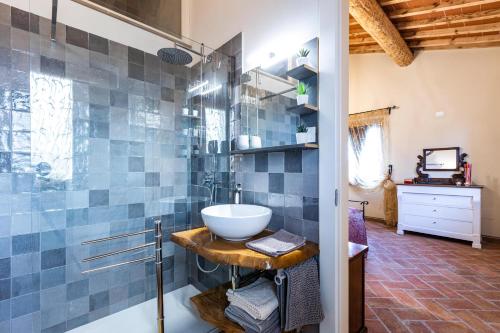 a bathroom with a sink and a glass shower at Appartamento in casale con piscina Casa I Pavoni in Chianni