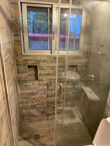 a bathroom with a shower with a toilet and a sink at La casa de PortoRafti in Porto Rafti