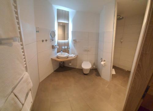 a small bathroom with a sink and a toilet at HOTEL BIKE & HIKE in Obersuhl