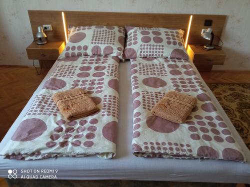 2 letti con cuscini coordinati in una camera da letto di Diófás Vendégház Mórahalom a Mórahalom
