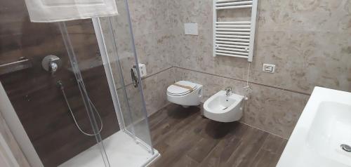 a bathroom with a shower and a toilet and a sink at La Piana Hotel in Tito