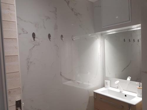 La salle de bains blanche est pourvue d'un lavabo et d'un miroir. dans l'établissement La Vigne d'Aubière 2, à Aubière
