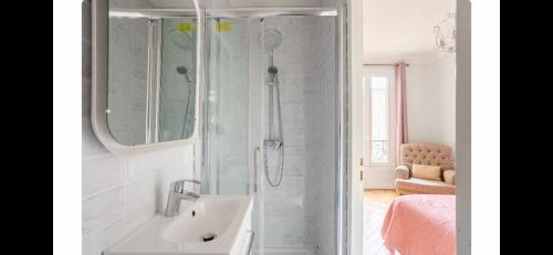 une salle de bain avec un lavabo et une douche avec un miroir dans l'établissement PARIS 6 MONTPARNASSE ST GERMAIN, à Paris