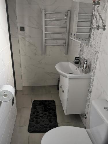 a bathroom with a toilet and a sink and a shower at Varga Vendégház in Tiszakécske