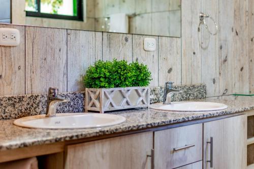 a bathroom with two sinks and a green plant at Ultramodern Townhome with an Inviting Coastal Design and Lush Outdoor Oasis with a Private Pool in Playa Flamingo