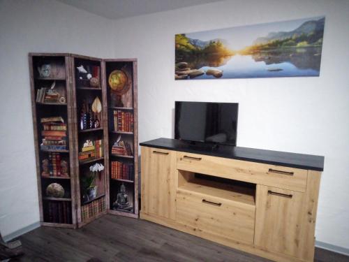 a room with a television and a book shelf at Moderne Ferienwohnung bis 4 Personen in Ronneburg