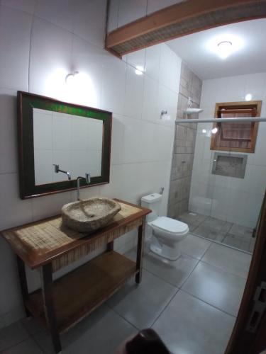 een badkamer met een wastafel, een toilet en een spiegel bij casa de mineiro in Tiradentes
