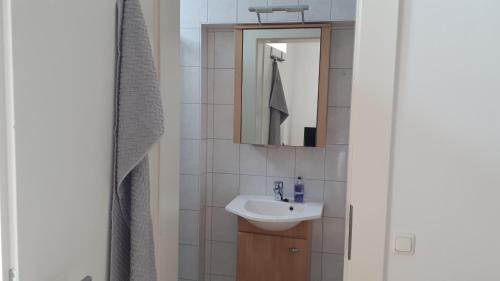 a bathroom with a sink and a mirror at City Appartment Orlitsch in Klagenfurt