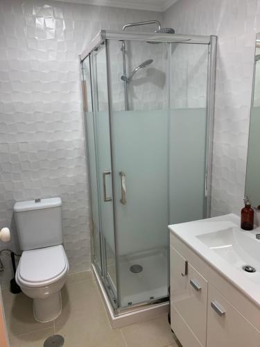 y baño con ducha, aseo y lavamanos. en Spacious 1 bedroom apartment with a Parking Spot in Chiado, en Lisboa