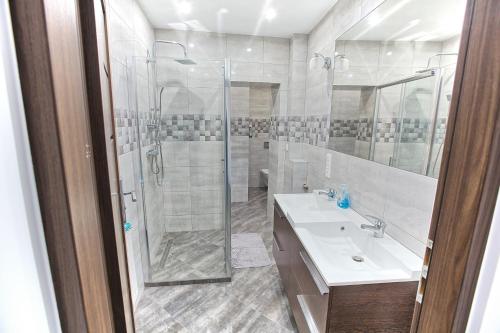レグニツァにあるApartament Plac Klasztornyのシャワーと洗面台付きのバスルーム