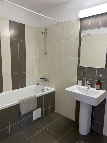 a bathroom with a sink and a tub and a mirror at Green Pipera 1 in Voluntari