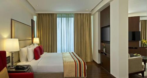 a hotel room with a bed and a television at Park Plaza Chandigarh Zirakpur in Chandīgarh