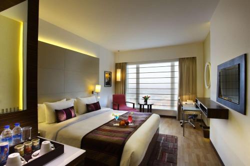 a hotel room with a large bed and a television at Park Plaza Shahdara in New Delhi