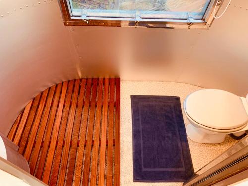 a small bathroom with a toilet and a window at Vintage 1962 airstream in Oxford