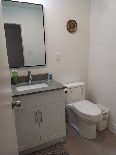 a bathroom with a toilet and a sink and a mirror at Private Rooms in House in North York Shared Kitchen in Toronto