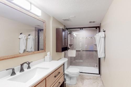 a bathroom with a sink and a toilet and a shower at Wildernest Rest in Silverthorne