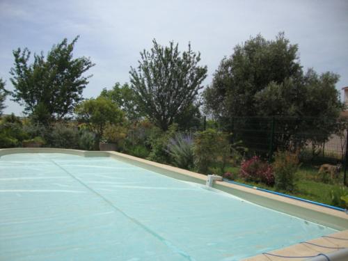 a swimming pool with blue water in a yard at Michèle et Didier Lin in Saint-Laurent-dʼAigouze
