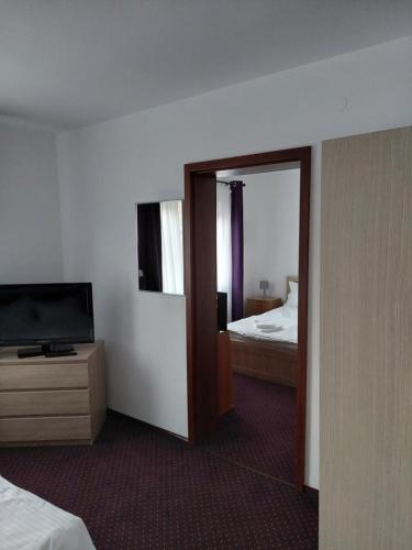 a hotel room with a television and a bed at Casa Azugeana in Azuga
