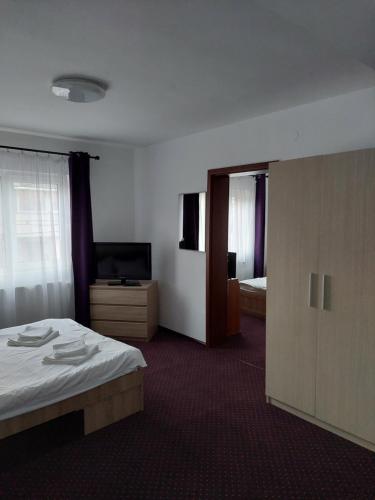 a hotel room with two beds and a television at Casa Azugeana in Azuga
