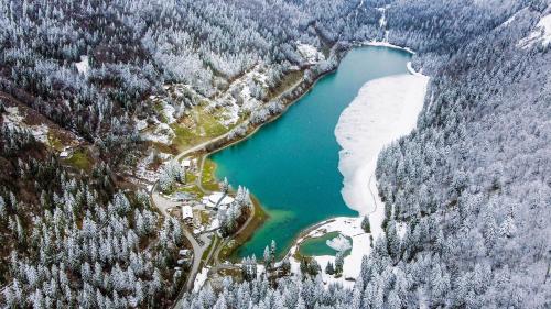 an aerial view of a river in a snow covered forest at Chalet Azalée, Montriond, Morzine, Avoriaz in Montriond