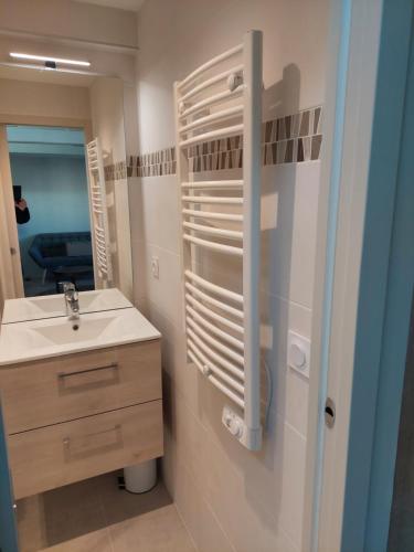 une salle de bain avec un lavabo et un miroir dans l'établissement Un brin de fantaisie dans le centre de Honfleur, à Honfleur