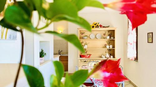 a room with a shelf with vases and a plant at Casa in Maremma Tuscany Village in Scarlino
